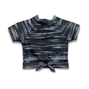 Z By Zella Swim Shirt High Neck Tie Front Short Sleeve Black Blue Girls 12 NWOT